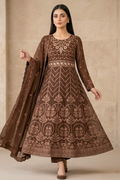 Dark Chocolate Brown Luxury Embroidered Formal Maxi Dress with Embroidered Dupatta & Trouser
