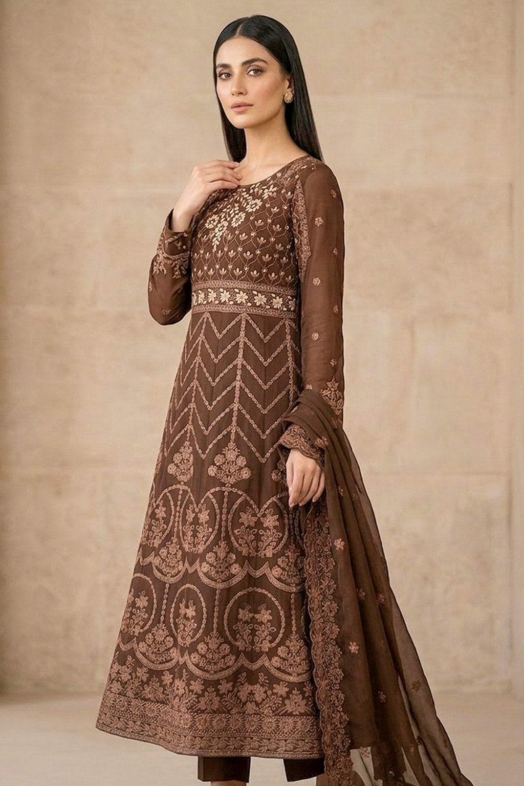 Dark Chocolate Brown Luxury Embroidered Formal Maxi Dress with Embroidered Dupatta & Trouser