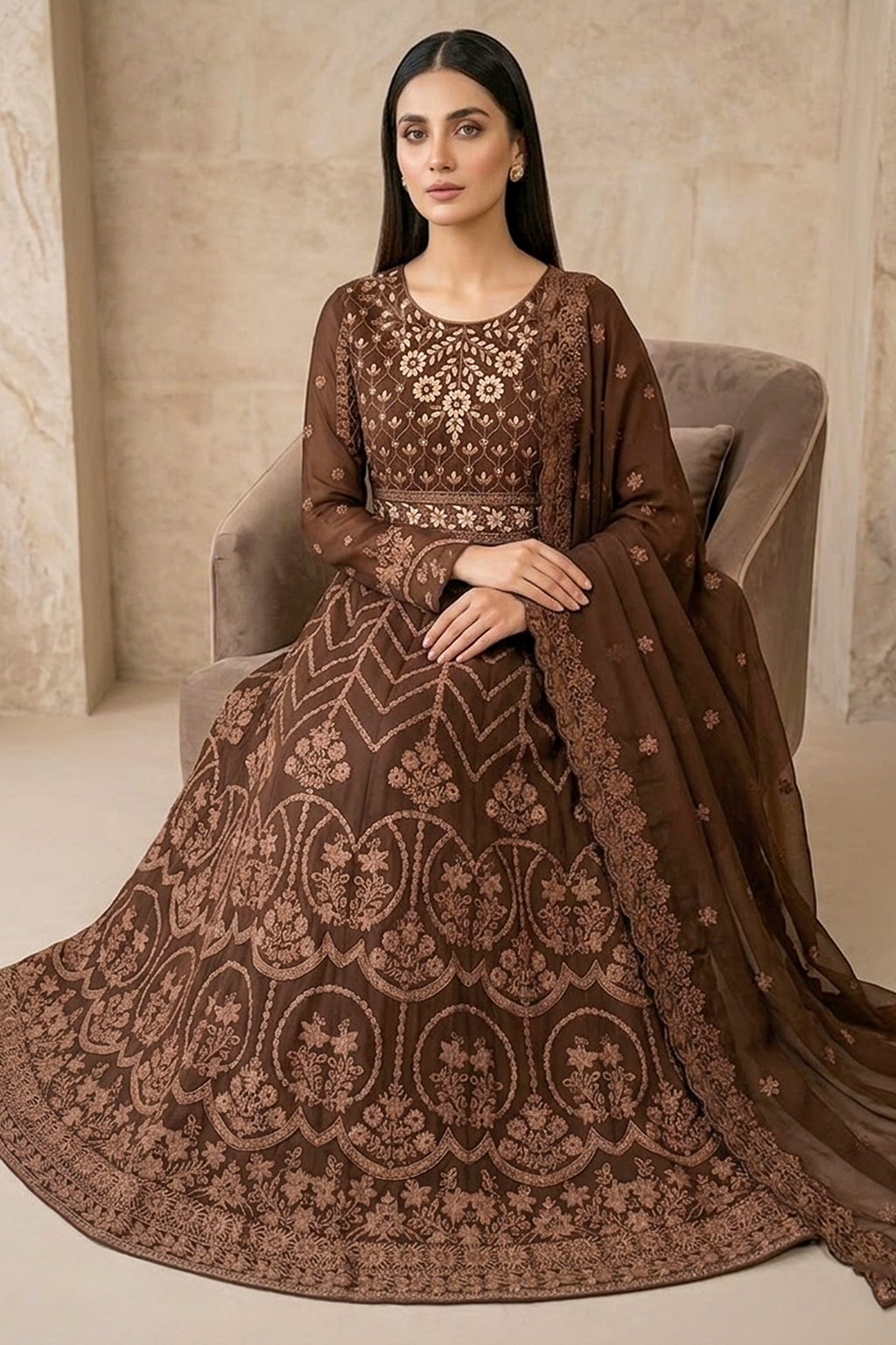 Dark Chocolate Brown Luxury Embroidered Formal Maxi Dress with Embroidered Dupatta & Trouser