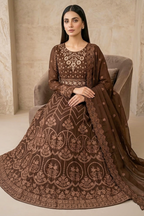 Dark Chocolate Brown Luxury Embroidered Formal Maxi Dress with Embroidered Dupatta & Trouser