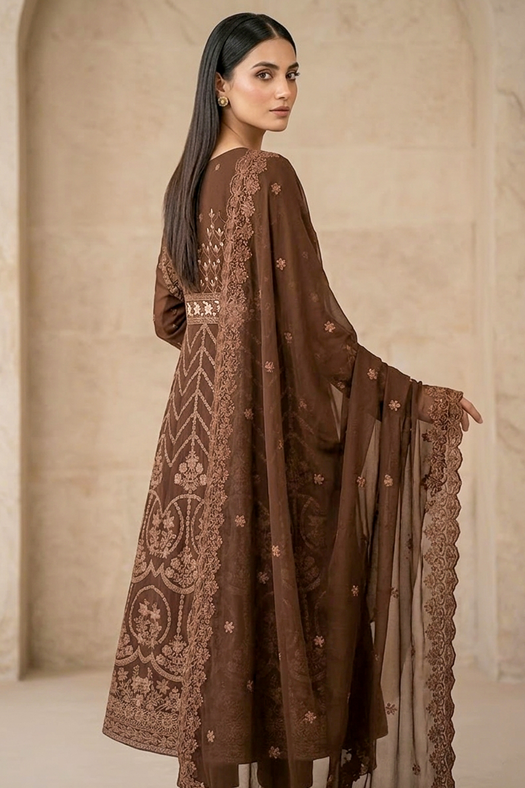 Dark Chocolate Brown Luxury Embroidered Formal Maxi Dress with Embroidered Dupatta & Trouser