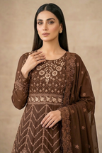 Dark Chocolate Brown Luxury Embroidered Formal Maxi Dress with Embroidered Dupatta & Trouser