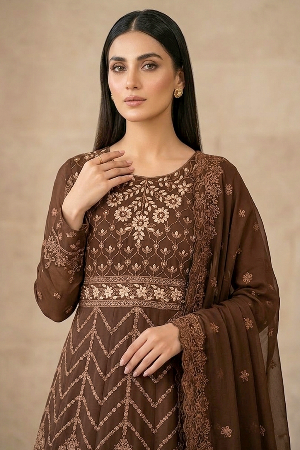 Dark Chocolate Brown Luxury Embroidered Formal Maxi Dress with Embroidered Dupatta & Trouser