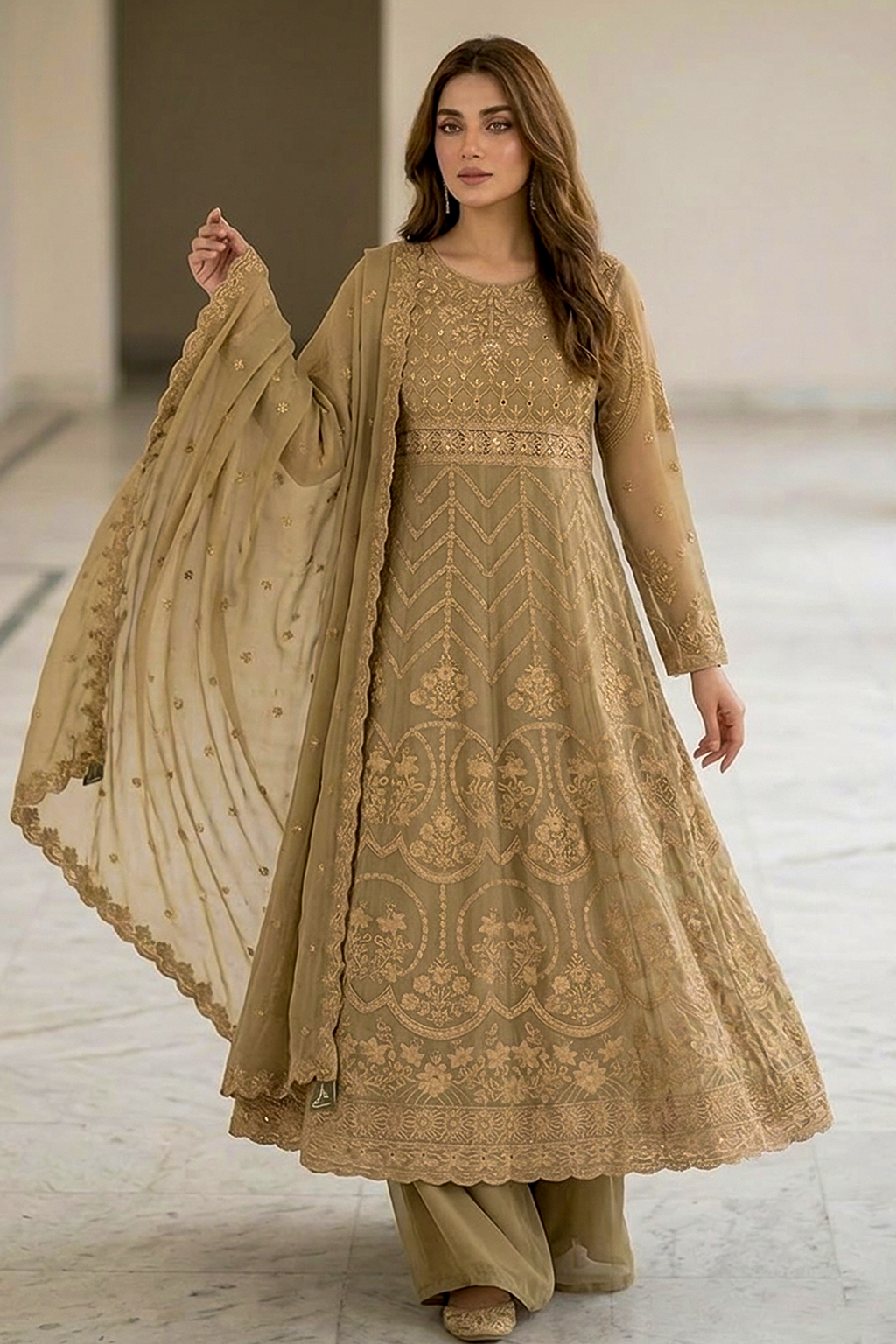 Golden Beige Luxury Embroidered Formal Maxi Dress with Embroidered Dupatta & Trouser