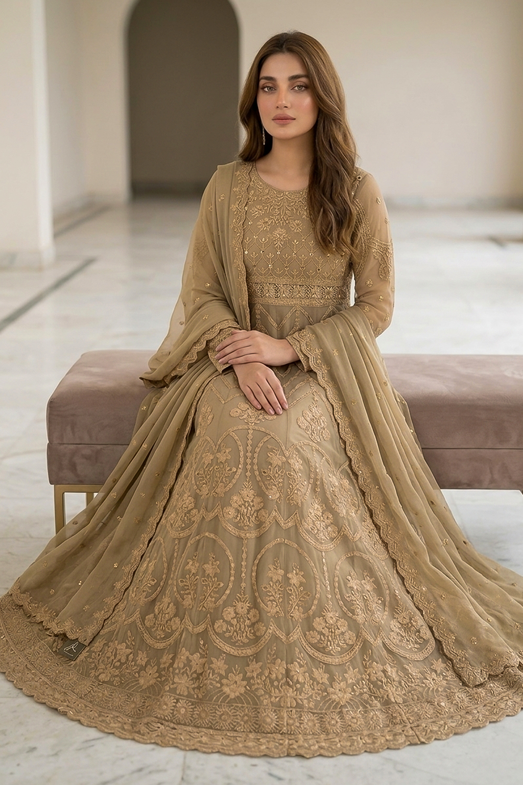 Golden Beige Luxury Embroidered Formal Maxi Dress with Embroidered Dupatta & Trouser