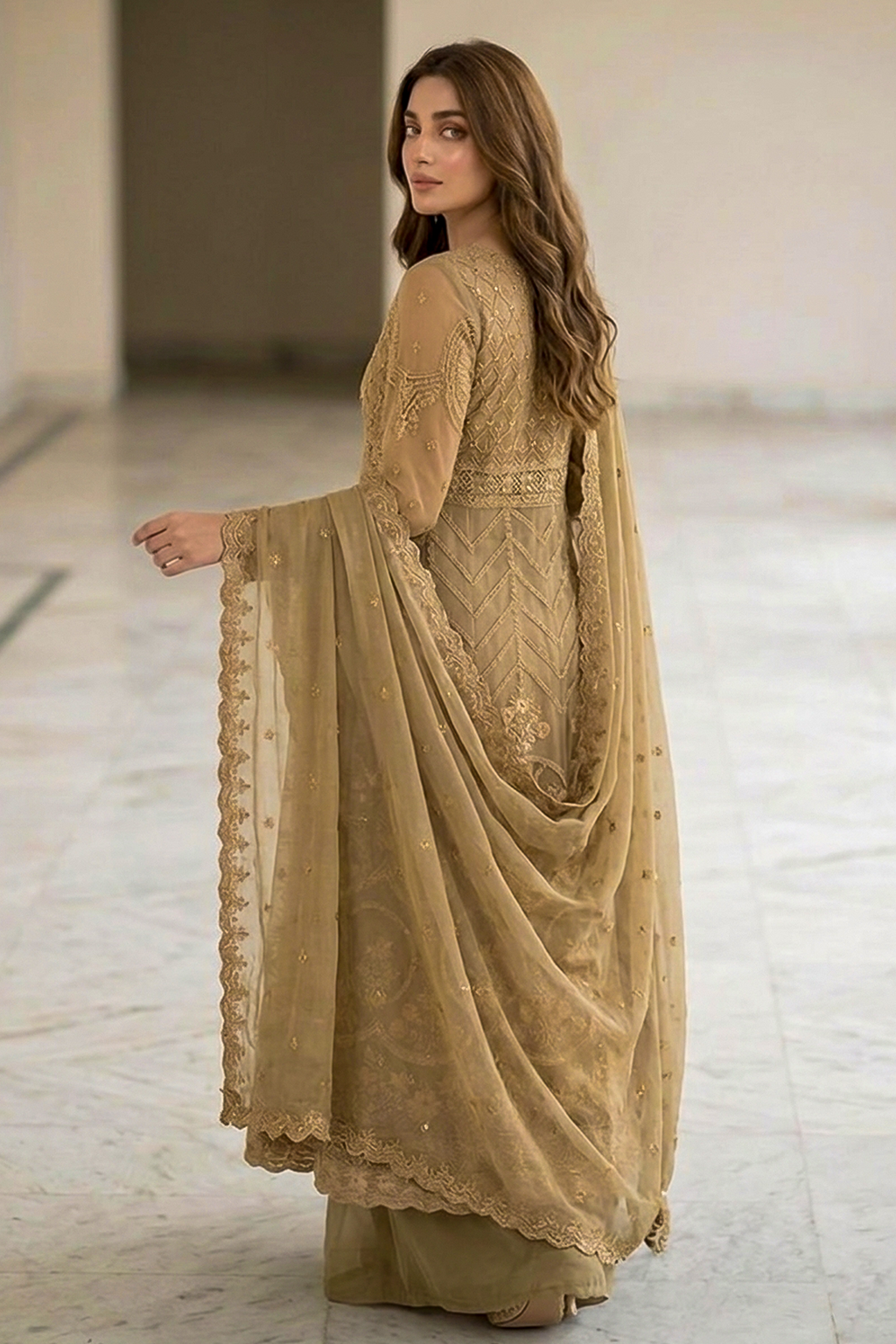Golden Beige Luxury Embroidered Formal Maxi Dress with Embroidered Dupatta & Trouser