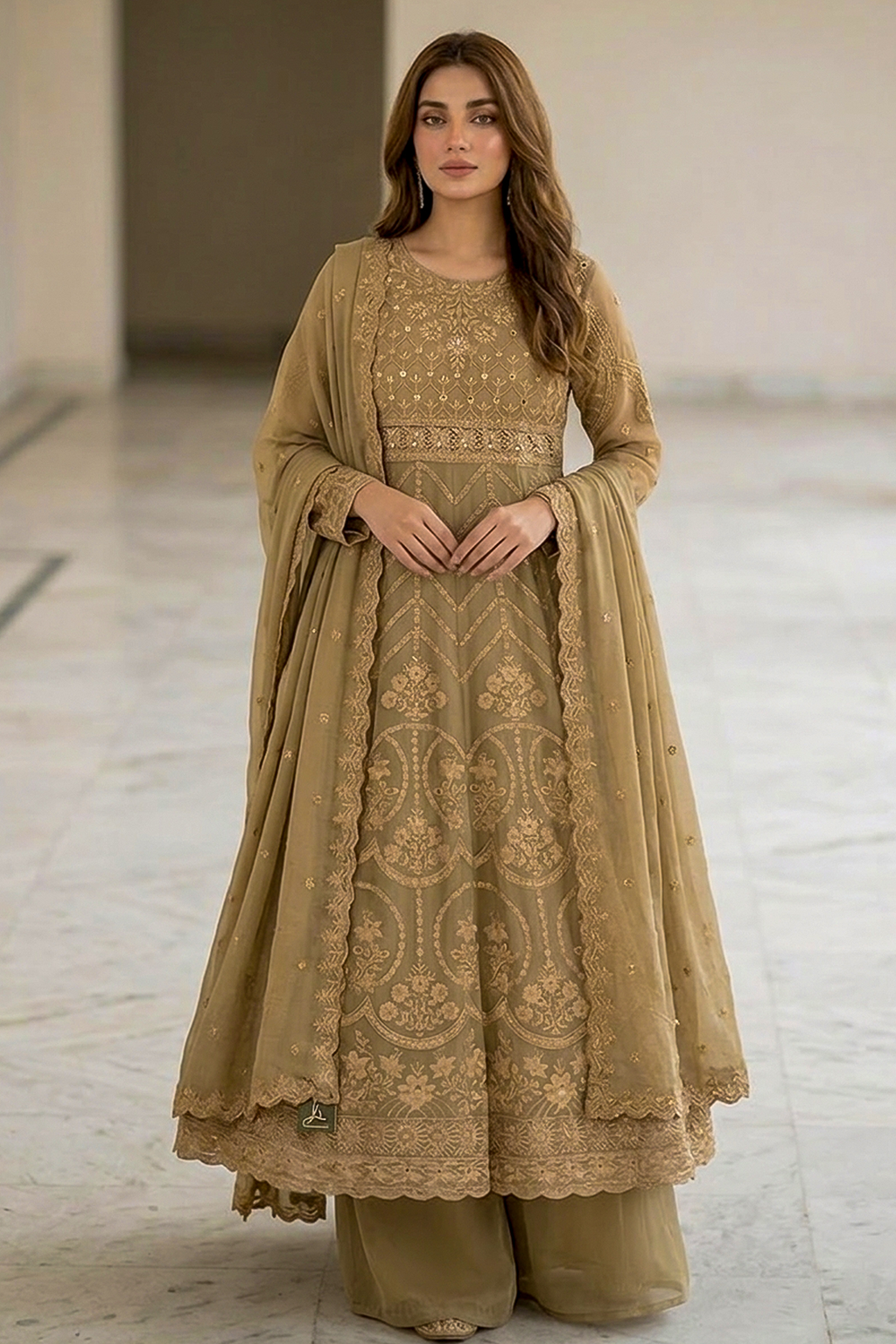 Golden Beige Luxury Embroidered Formal Maxi Dress with Embroidered Dupatta & Trouser