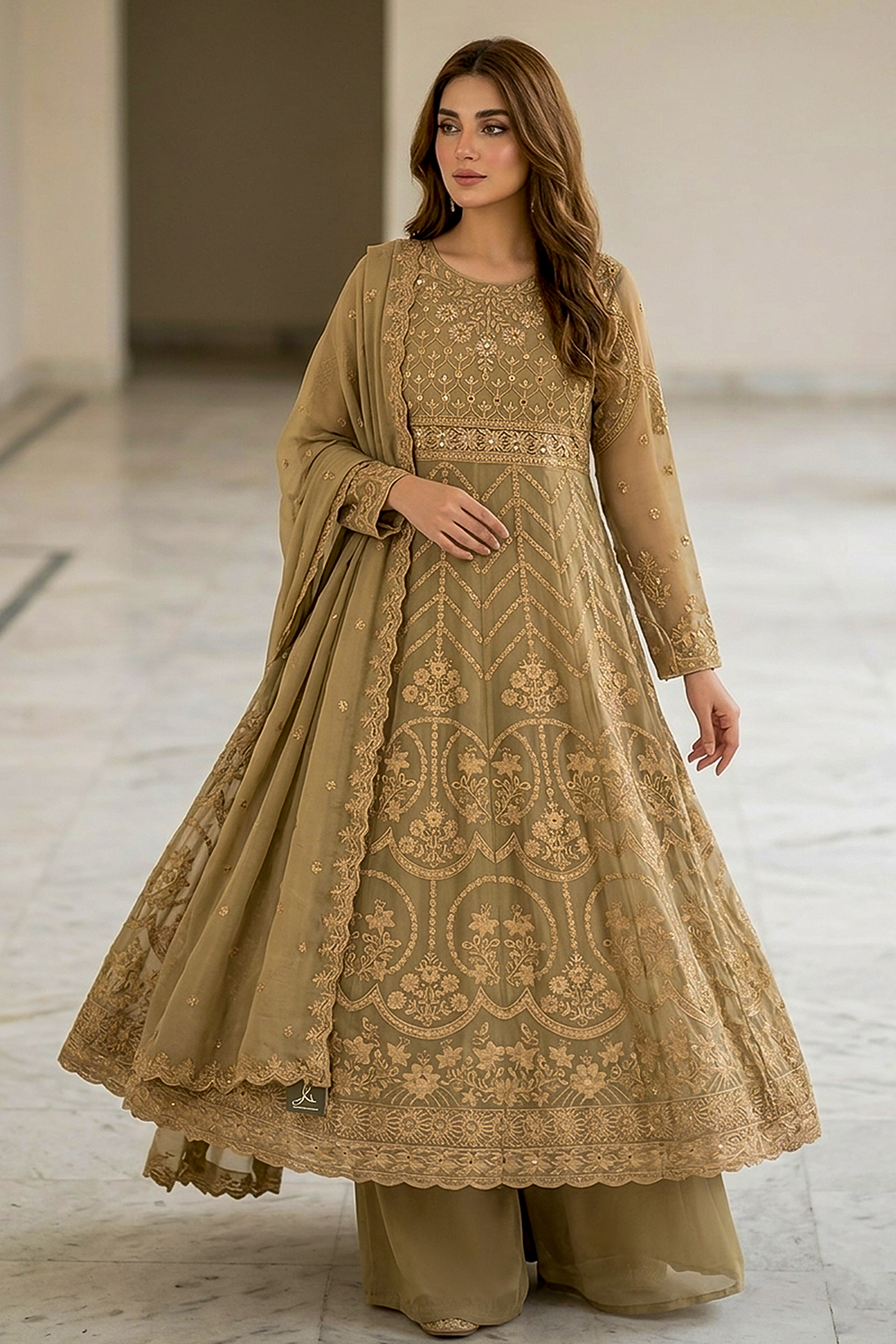 Golden Beige Luxury Embroidered Formal Maxi Dress with Embroidered Dupatta & Trouser