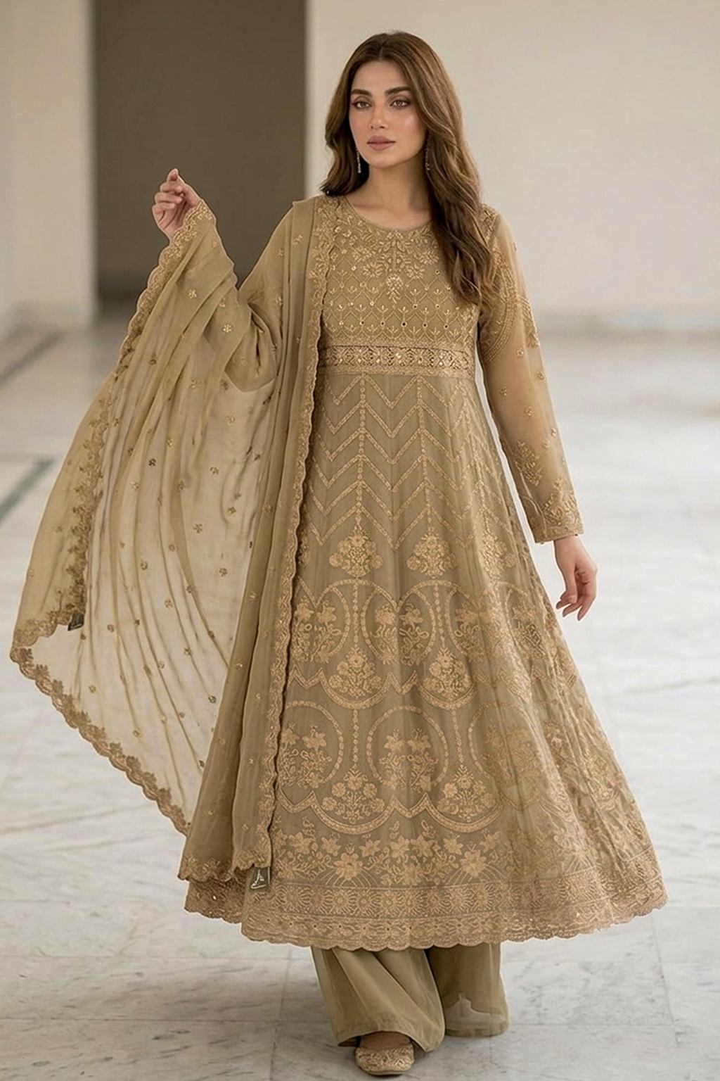 Golden Beige Luxury Embroidered Formal Maxi Dress with Embroidered Dupatta & Trouser