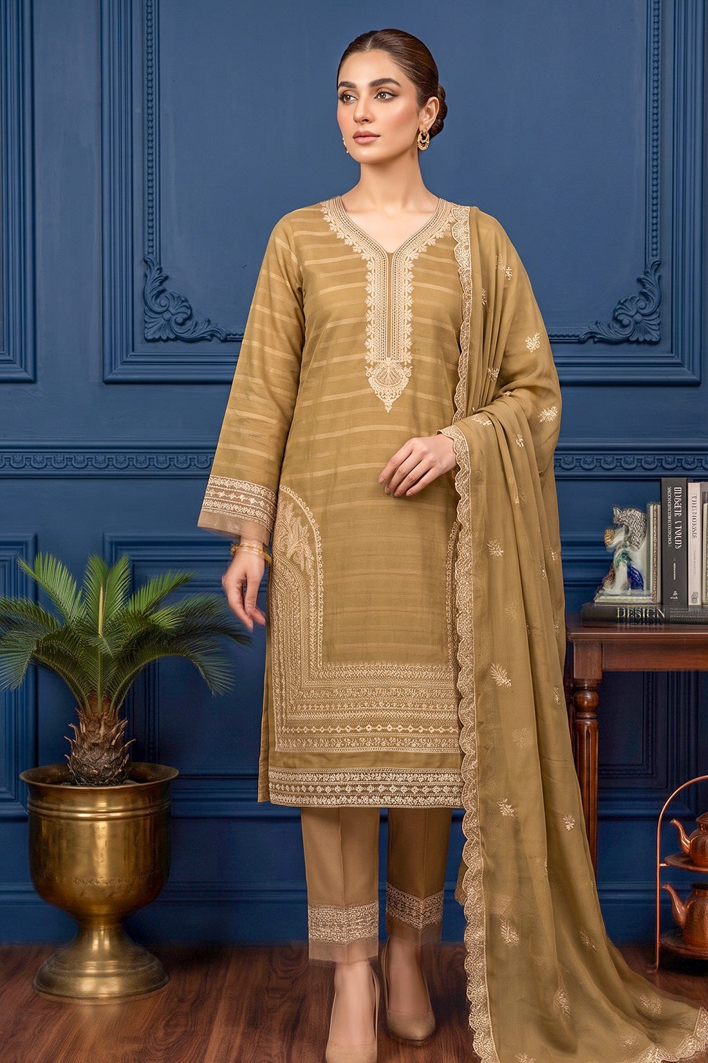 Dry Golden Khaki – Premium Unstitched Embroidered Lawn 3PC Dress with Chiffon Dupatta