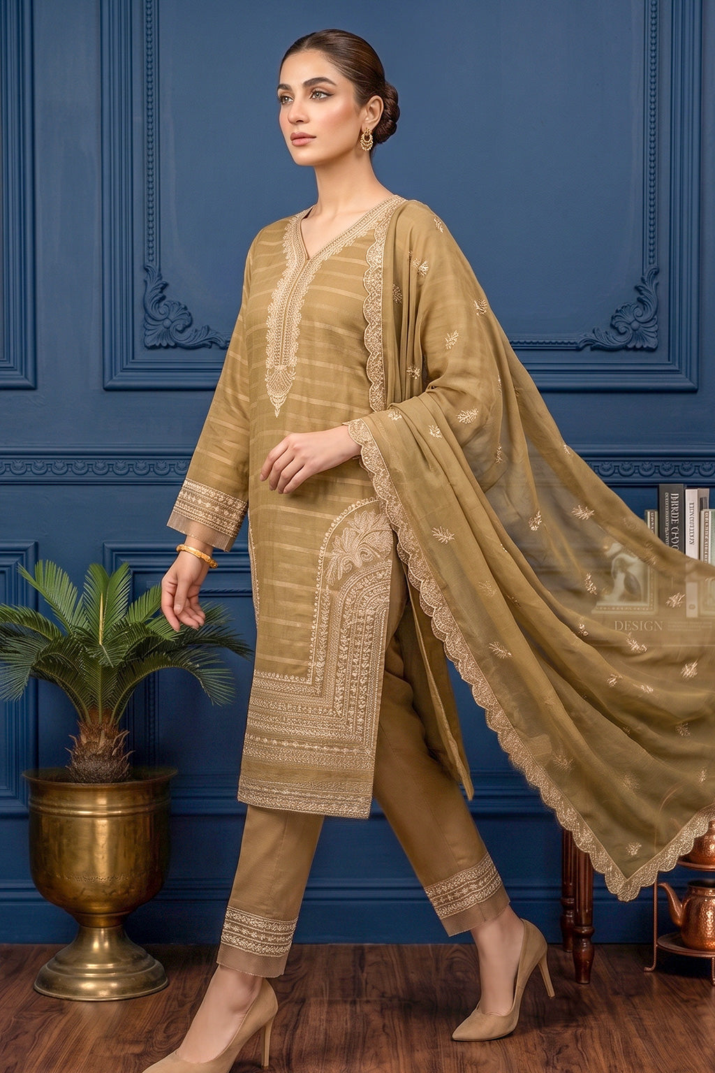 Dry Golden Khaki – Premium Unstitched Embroidered Lawn 3PC Dress with Chiffon Dupatta