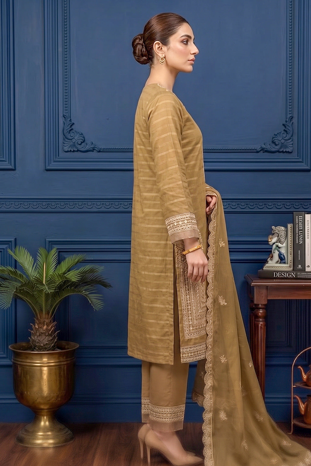 Dry Golden Khaki – Premium Unstitched Embroidered Lawn 3PC Dress with Chiffon Dupatta