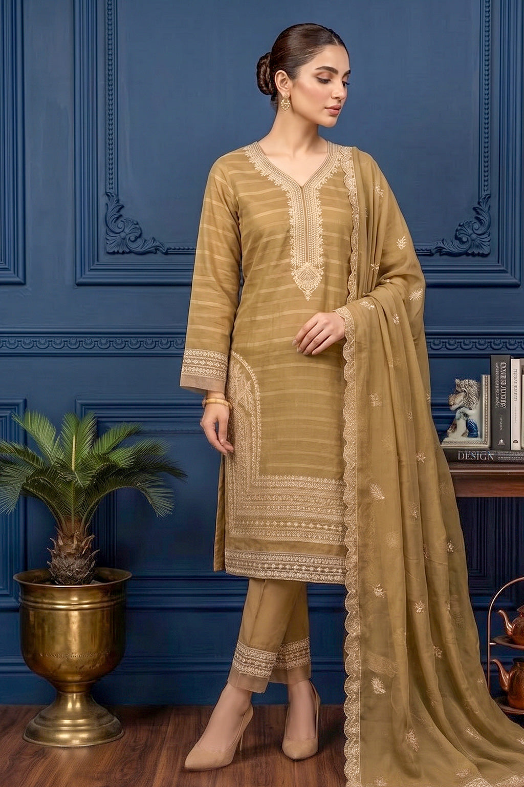 Dry Golden Khaki – Premium Unstitched Embroidered Lawn 3PC Dress with Chiffon Dupatta