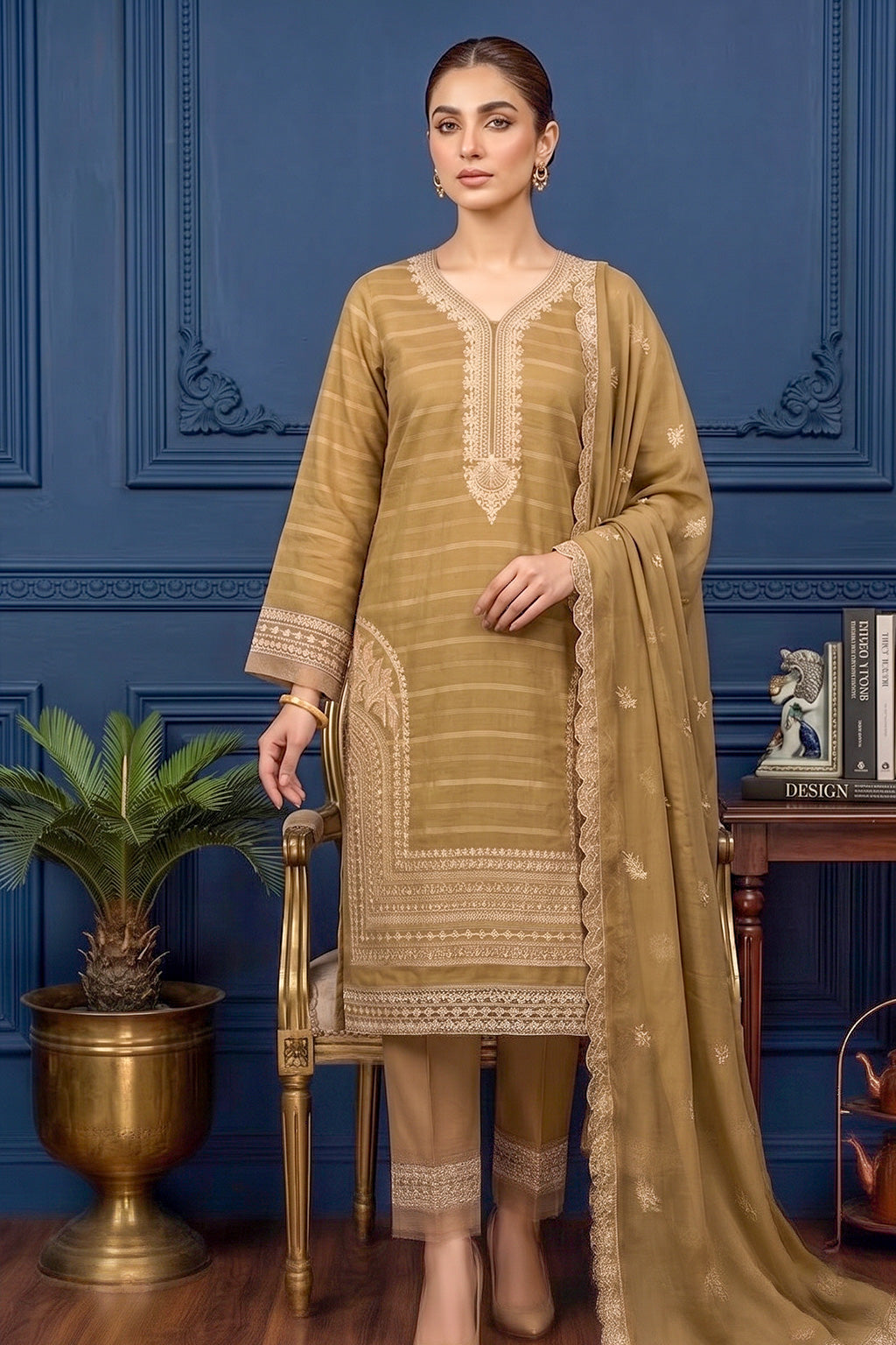 Dry Golden Khaki – Premium Unstitched Embroidered Lawn 3PC Dress with Chiffon Dupatta