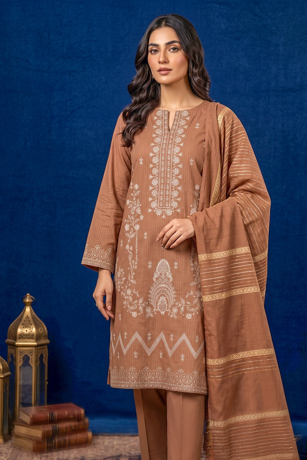 Terracotta Brown – Premium Unstitched Embroidered Lawn 3PC Dress with Lawn Dupatta