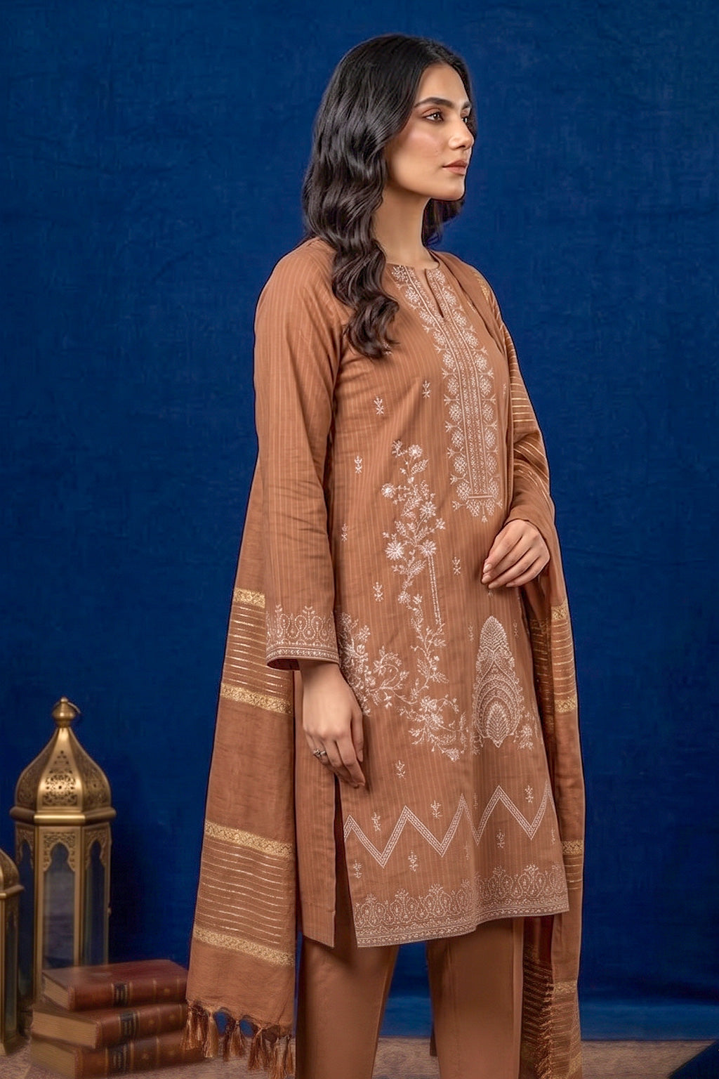 Terracotta Brown – Premium Unstitched Embroidered Lawn 3PC Dress with Lawn Dupatta
