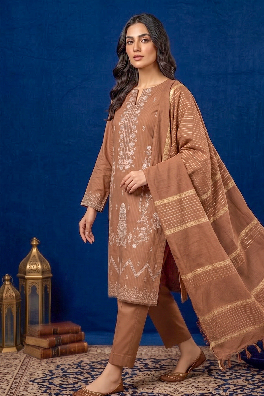 Terracotta Brown – Premium Unstitched Embroidered Lawn 3PC Dress with Lawn Dupatta