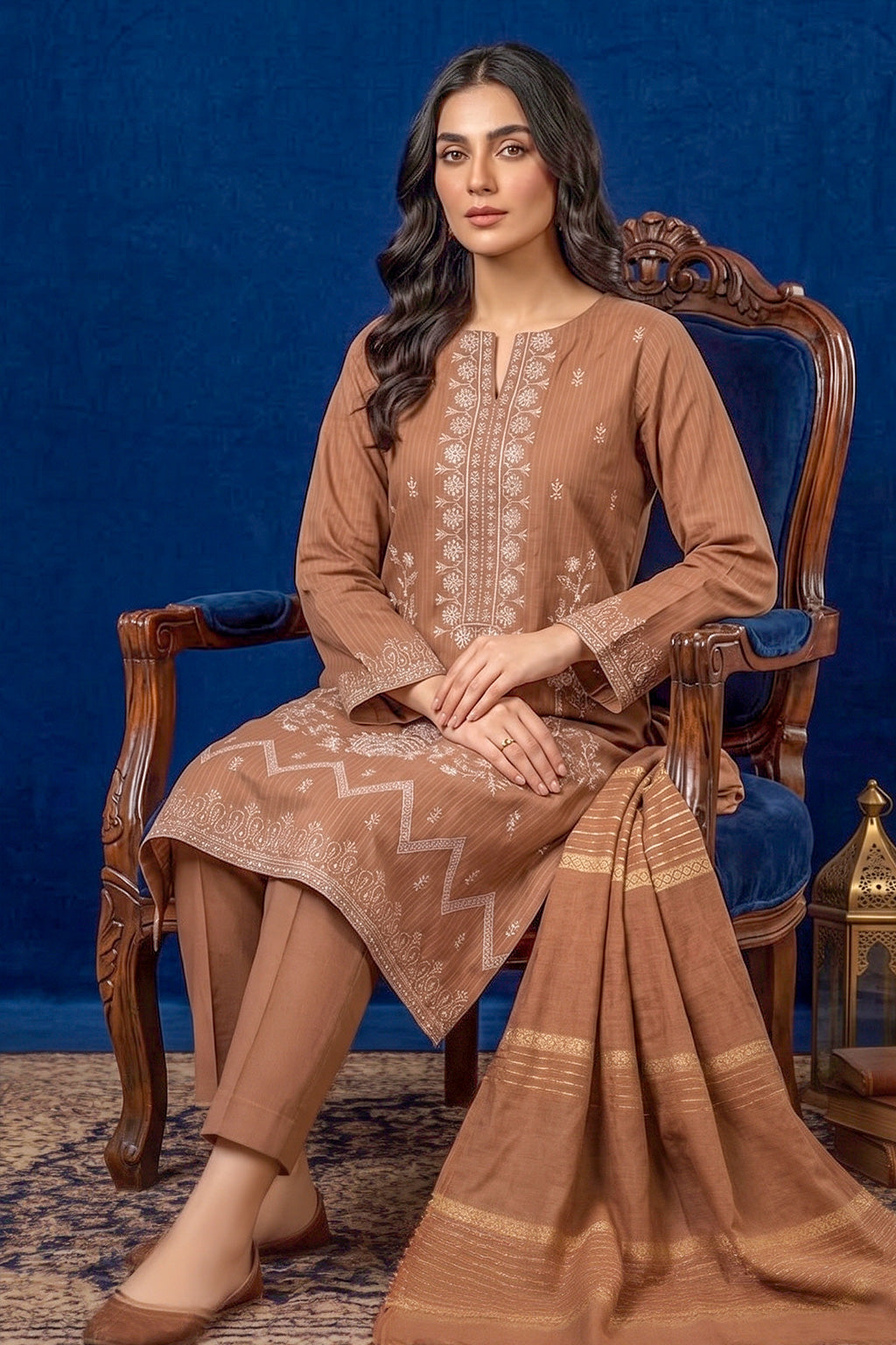 Terracotta Brown – Premium Unstitched Embroidered Lawn 3PC Dress with Lawn Dupatta