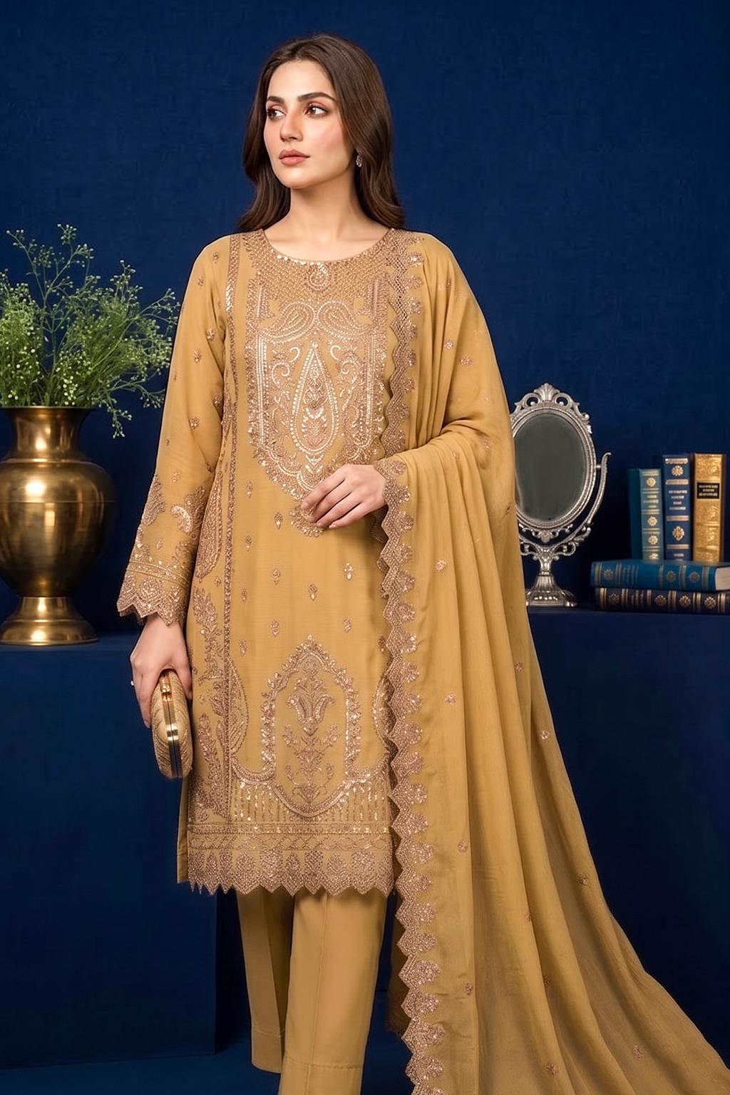 Golden Camel Edit Luxury Embroidered Chiffon 3PC Kurta Set