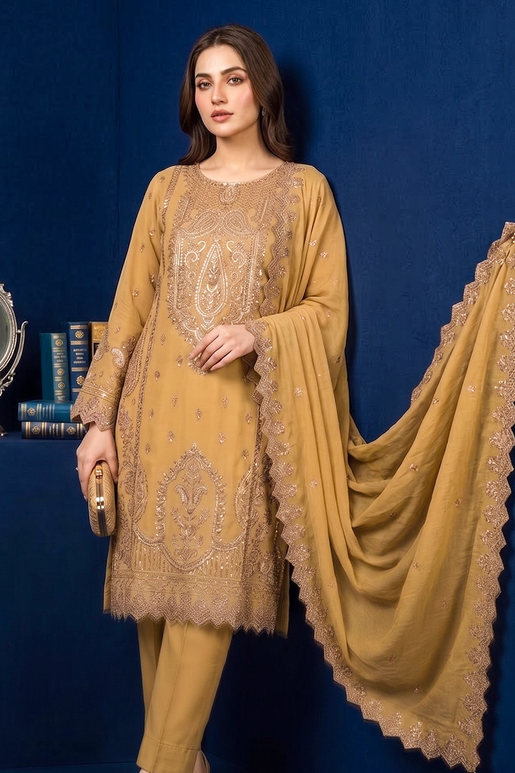 Golden Camel Edit Luxury Embroidered Chiffon 3PC Kurta Set
