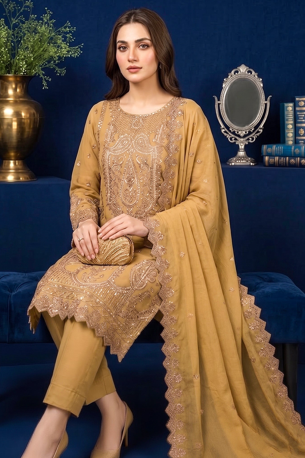 Golden Camel Edit Luxury Embroidered Chiffon 3PC Kurta Set