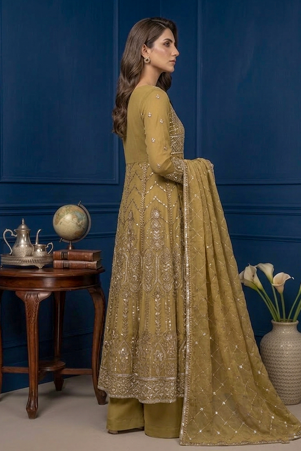 Golden Beige Luxury Embroidered Formal Maxi Dress with Embroidered Dupatta & Trouser