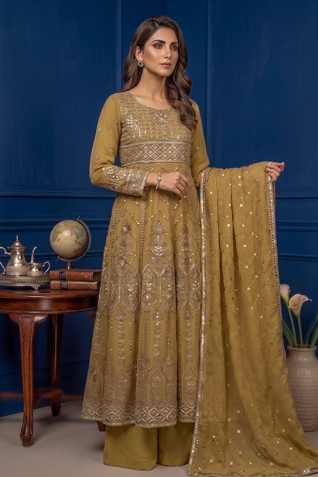 Golden Beige Luxury Embroidered Formal Maxi Dress with Embroidered Dupatta & Trouser