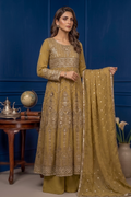 Mustard Gold Embroidered Formal Maxi Dress with Embroidered Dupatta & Trouser