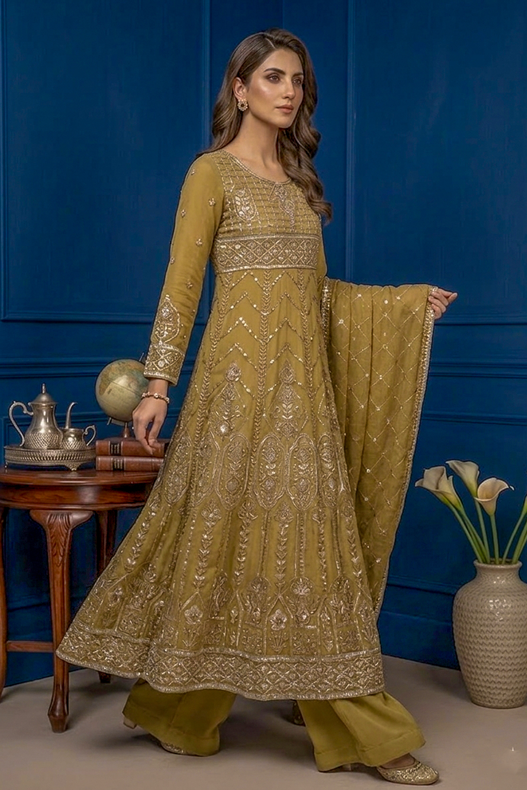Mustard Gold Embroidered Formal Maxi Dress with Embroidered Dupatta & Trouser