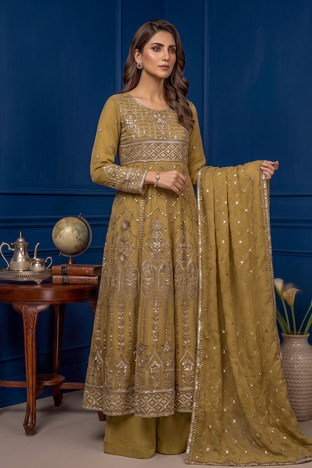 Mustard Gold Embroidered Formal Maxi Dress with Embroidered Dupatta & Trouser