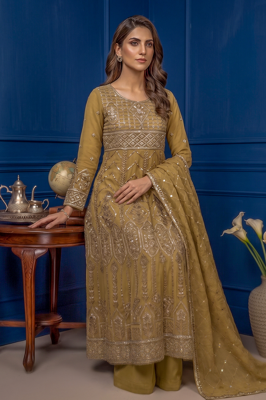 Mustard Gold Embroidered Formal Maxi Dress with Embroidered Dupatta & Trouser