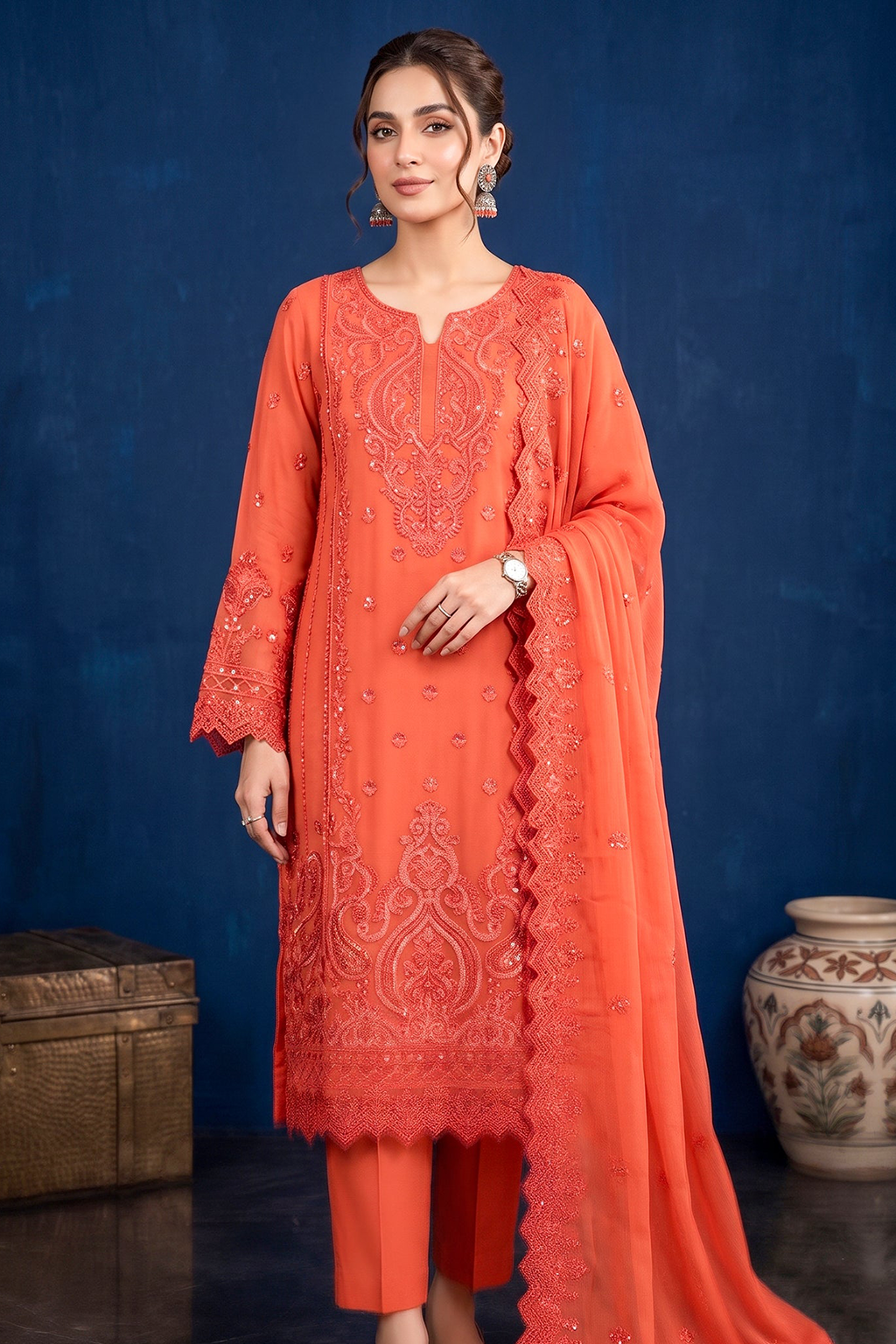 Coral Orange Edit Luxury Embroidered Chiffon 3PC Kurta Set