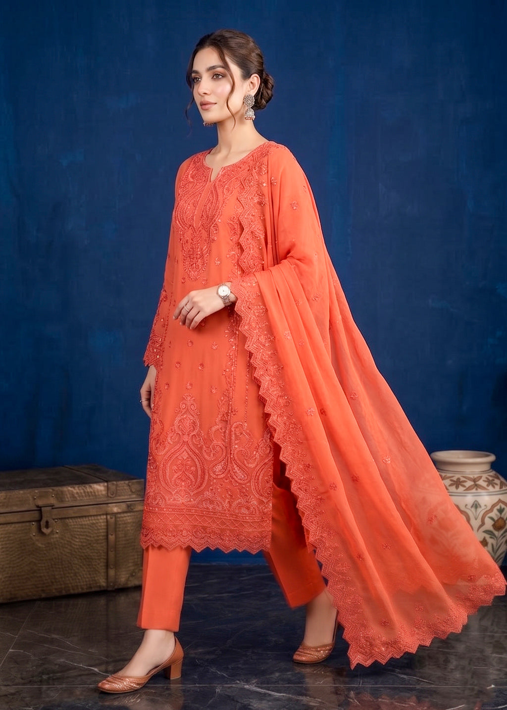Coral Orange Edit Luxury Embroidered Chiffon 3PC Kurta Set