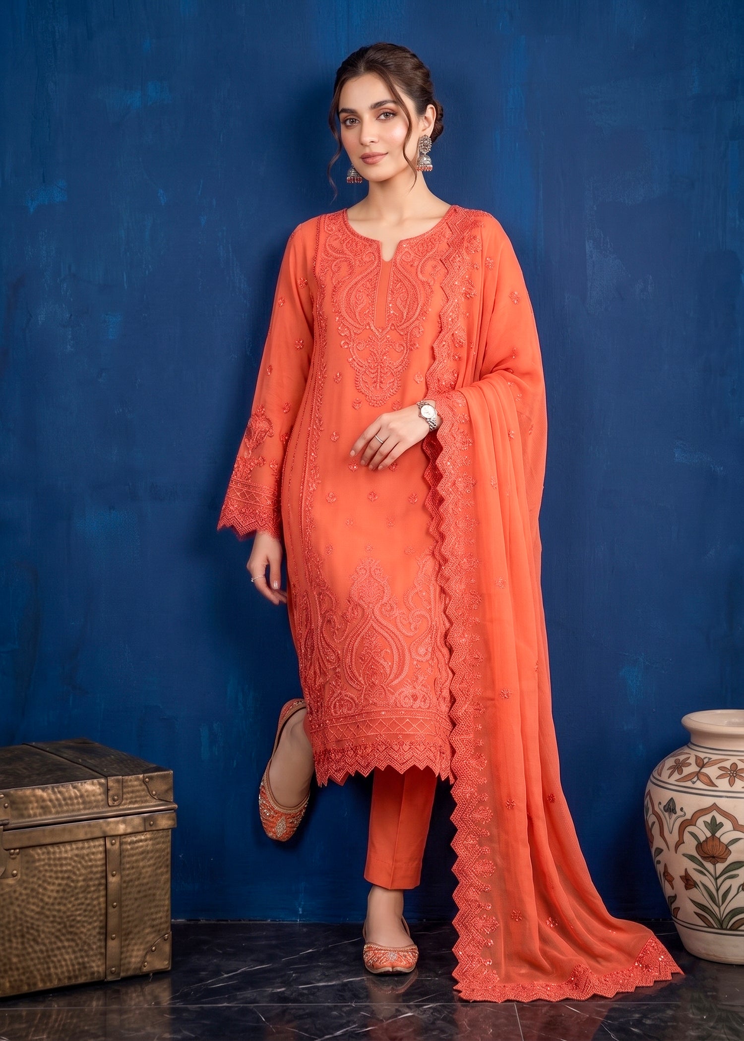 Coral Orange Edit Luxury Embroidered Chiffon 3PC Kurta Set