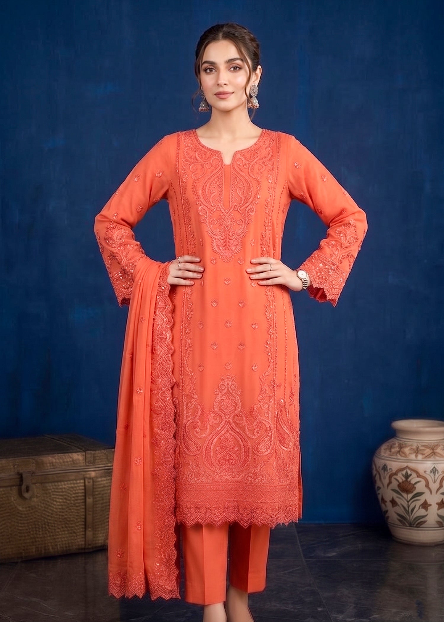 Coral Orange Edit Luxury Embroidered Chiffon 3PC Kurta Set