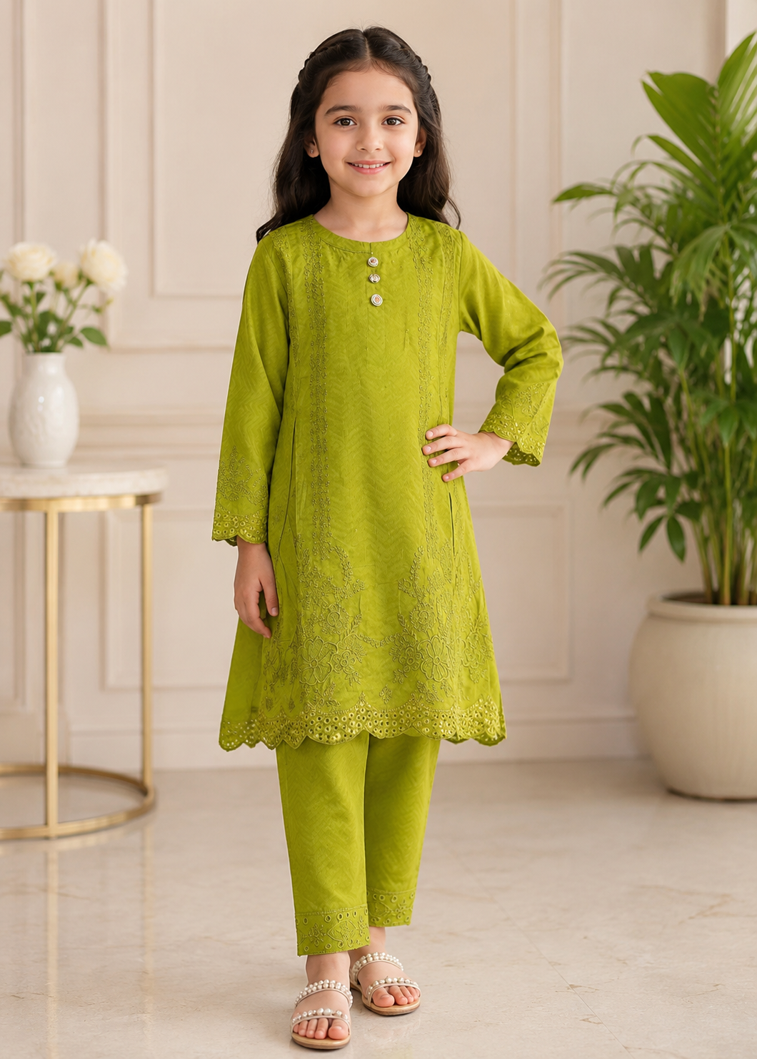 Charming Lime Green Embroidered Kurta Set with Trousers for Girls