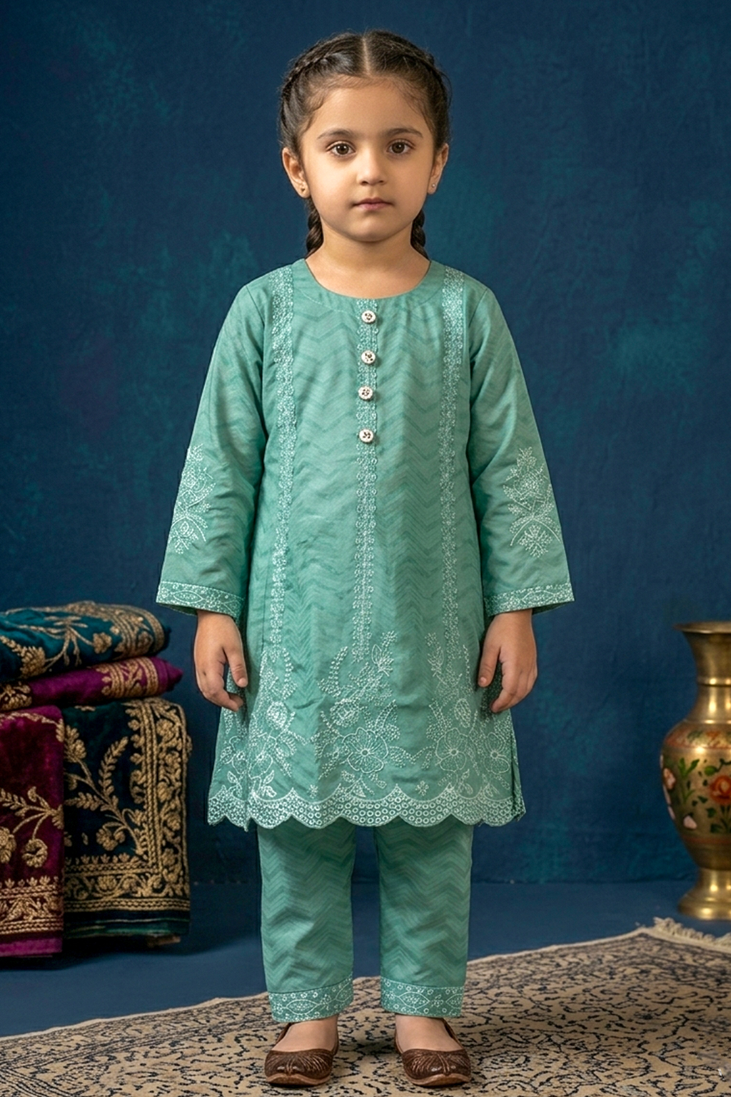 Medium Teal Green Embroidered Cotton Jacquard Short Kurta for Girls
