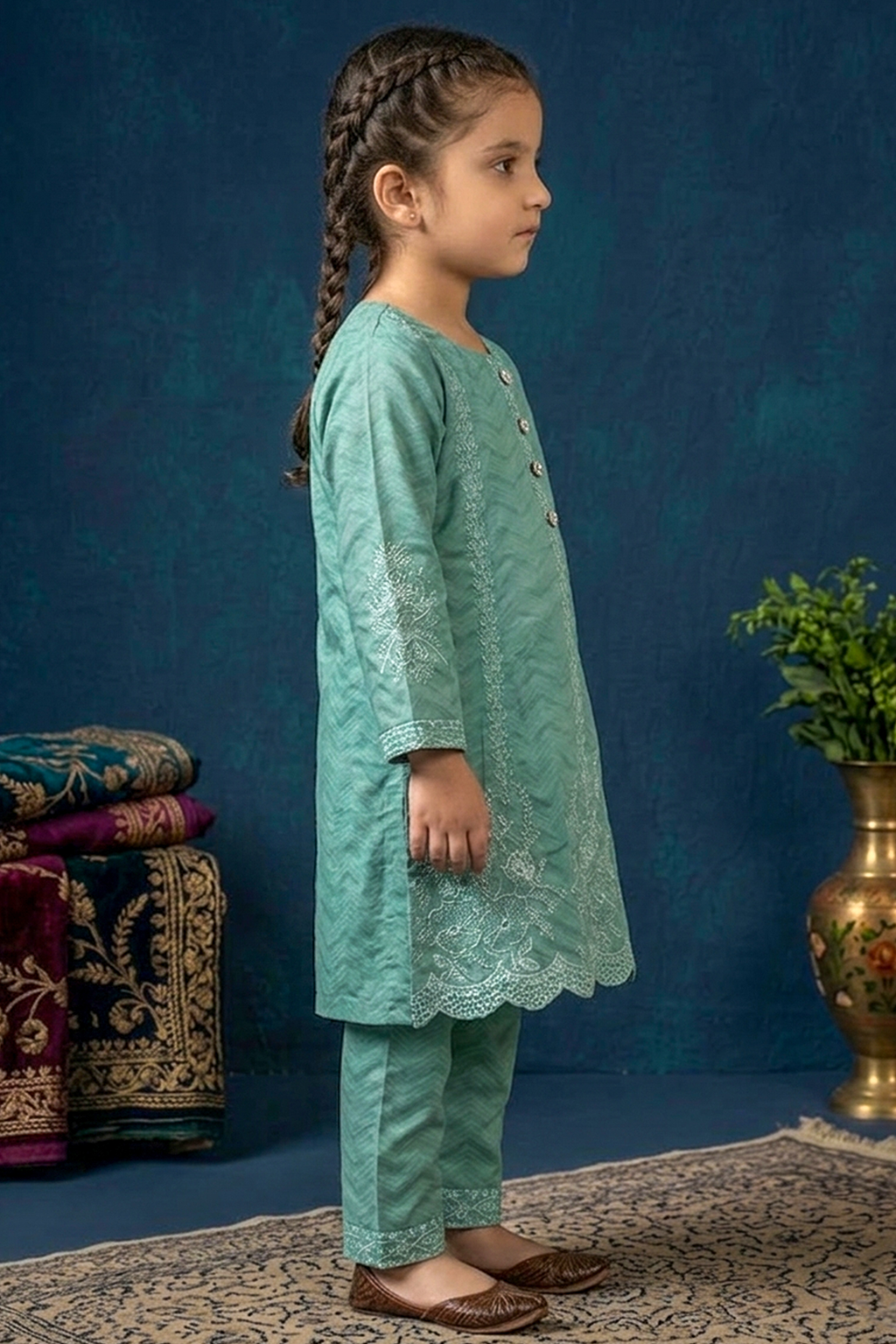 Medium Teal Green Embroidered Cotton Jacquard Short Kurta for Girls