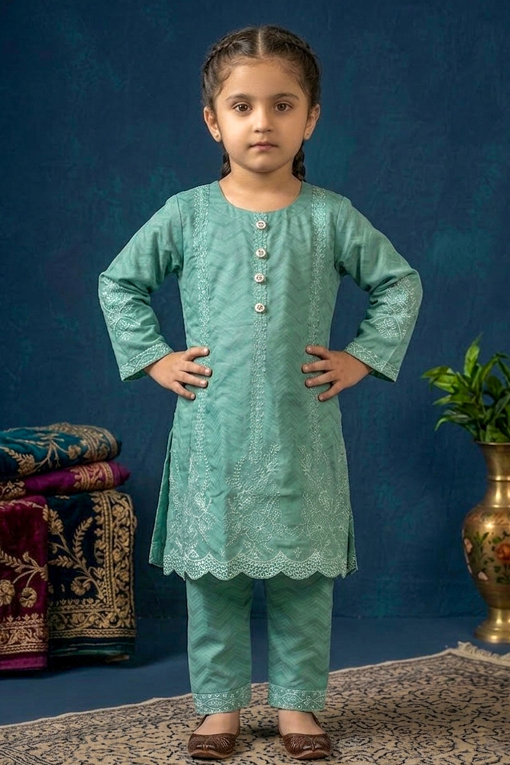 Medium Teal Green Embroidered Cotton Jacquard Short Kurta for Girls