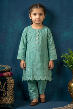 Medium Teal Green Embroidered Cotton Jacquard Short Kurta for Girls