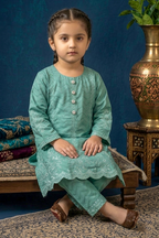 Medium Teal Green Embroidered Cotton Jacquard Short Kurta for Girls