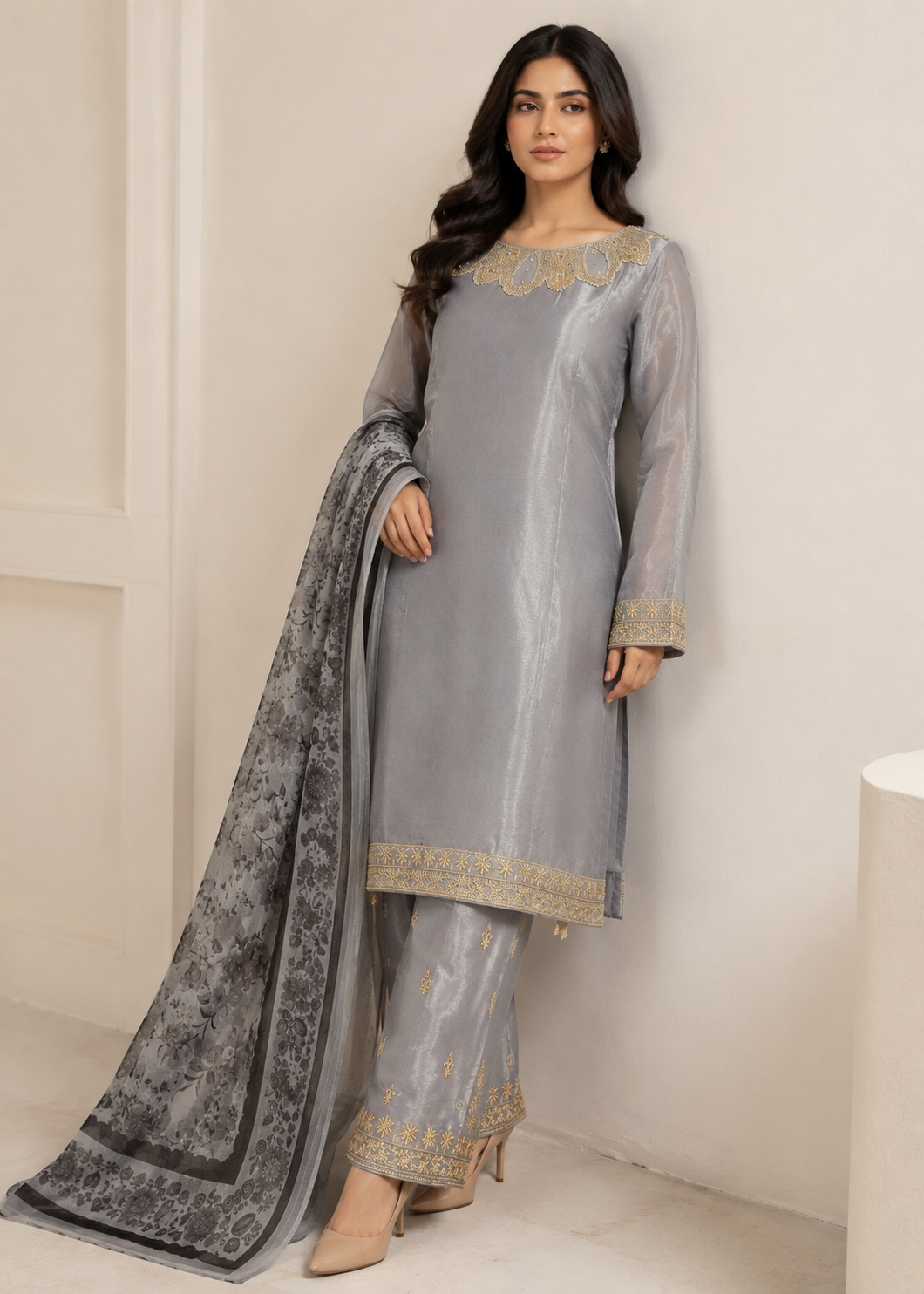Smoky Grace – Grey Designer Silk 3PC Dress