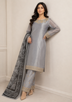 Smoky Grace – Grey Designer Silk 3PC Dress