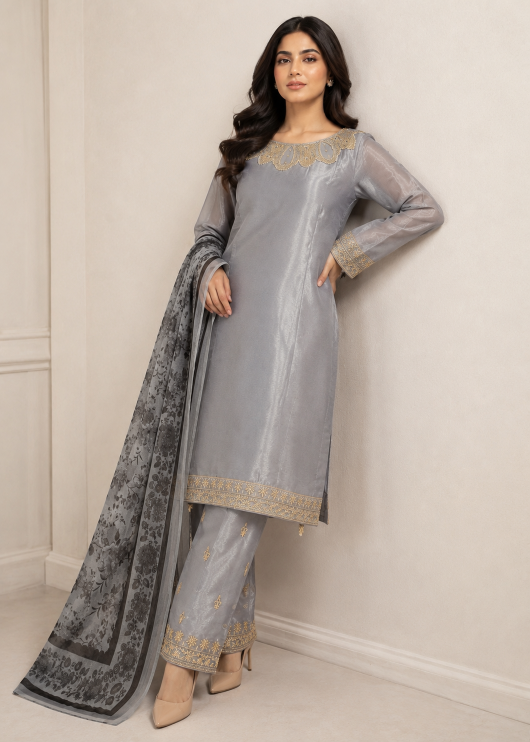 Smoky Grace – Grey Designer Silk 3PC Dress
