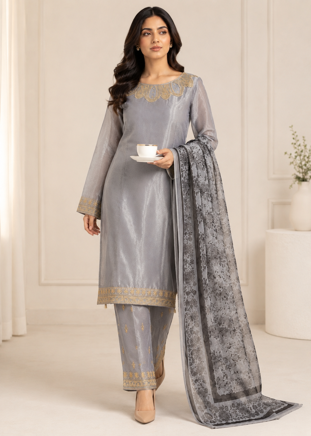 Smoky Grace – Grey Designer Silk 3PC Dress