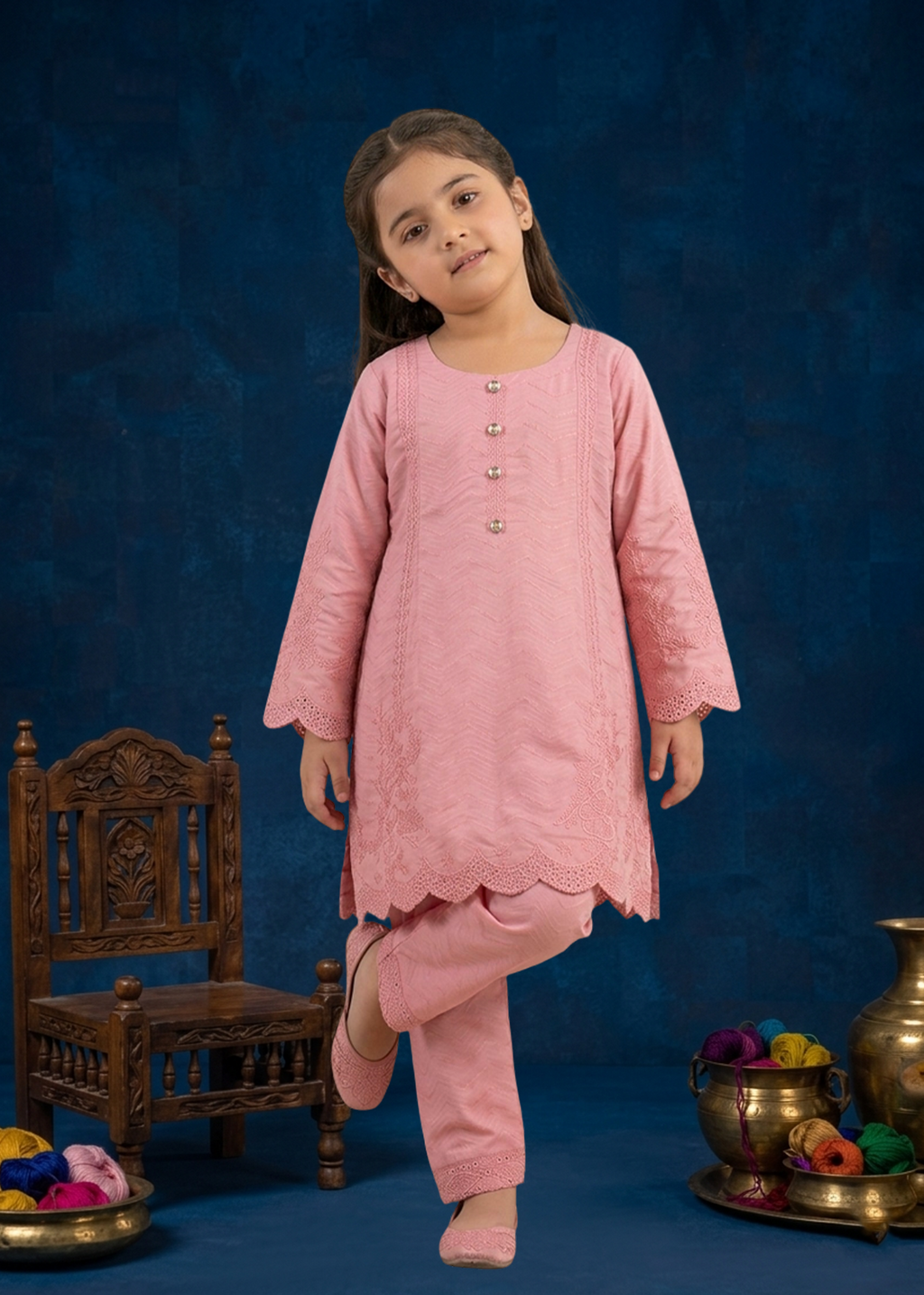 Soft Dusty Pink Luxury Embroidered Cotton Jacquard Short Kurta for Girls