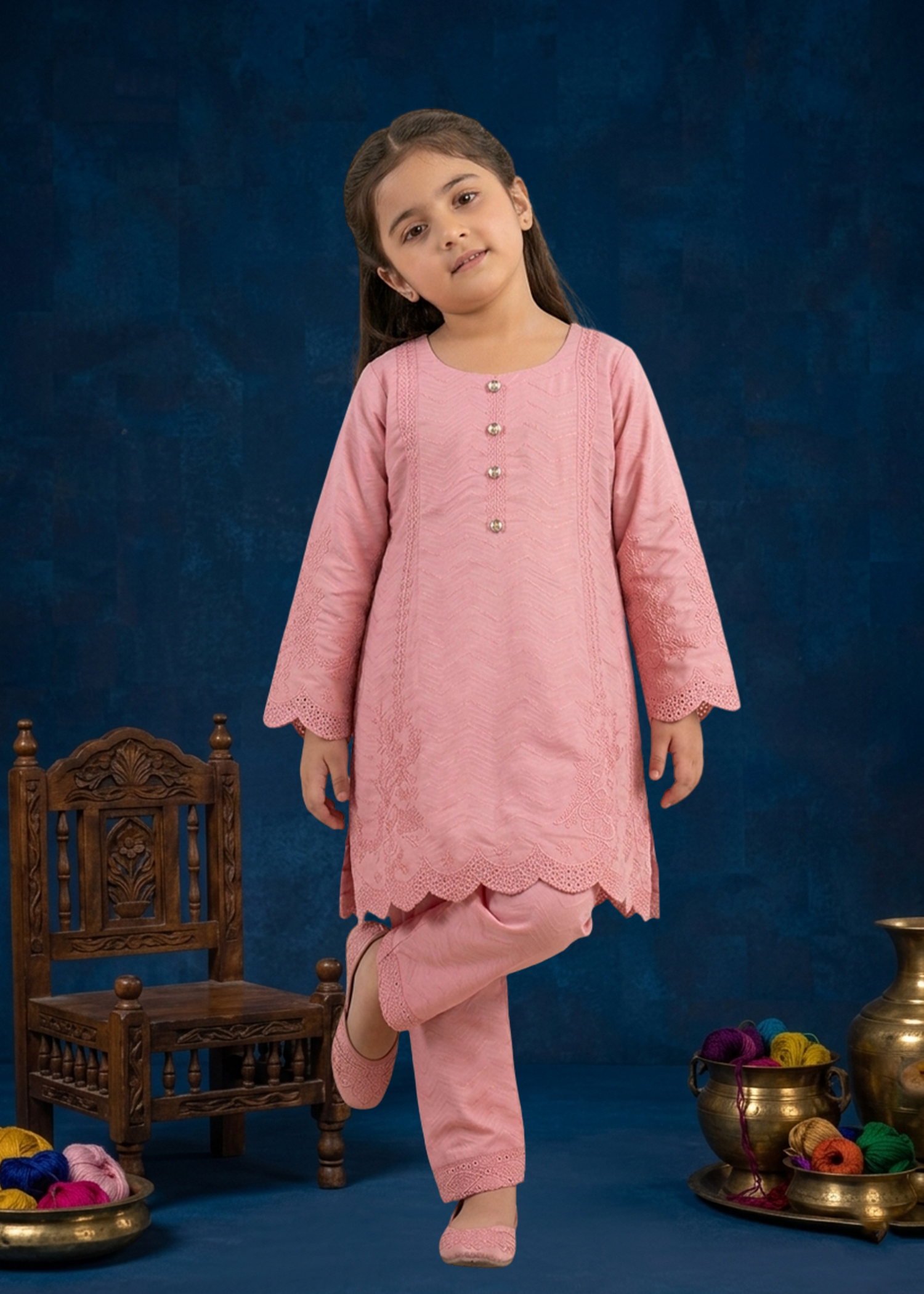 Soft Dusty Pink Luxury Embroidered Cotton Jacquard Short Kurta for Girls