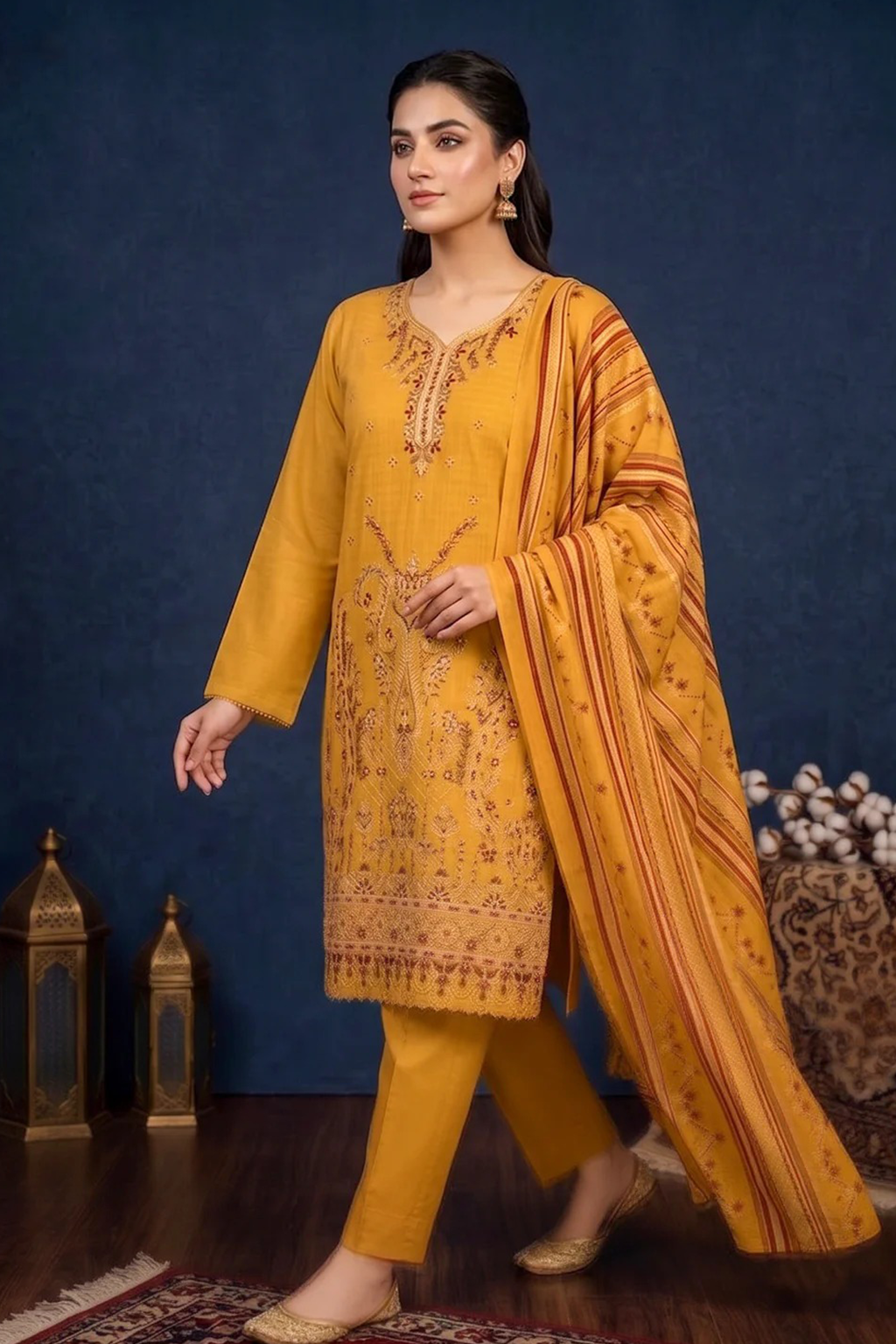 Deep Amber Yellow – Premium Unstitched Embroidered Lawn 3PC Dress with Chiffon Dupatta