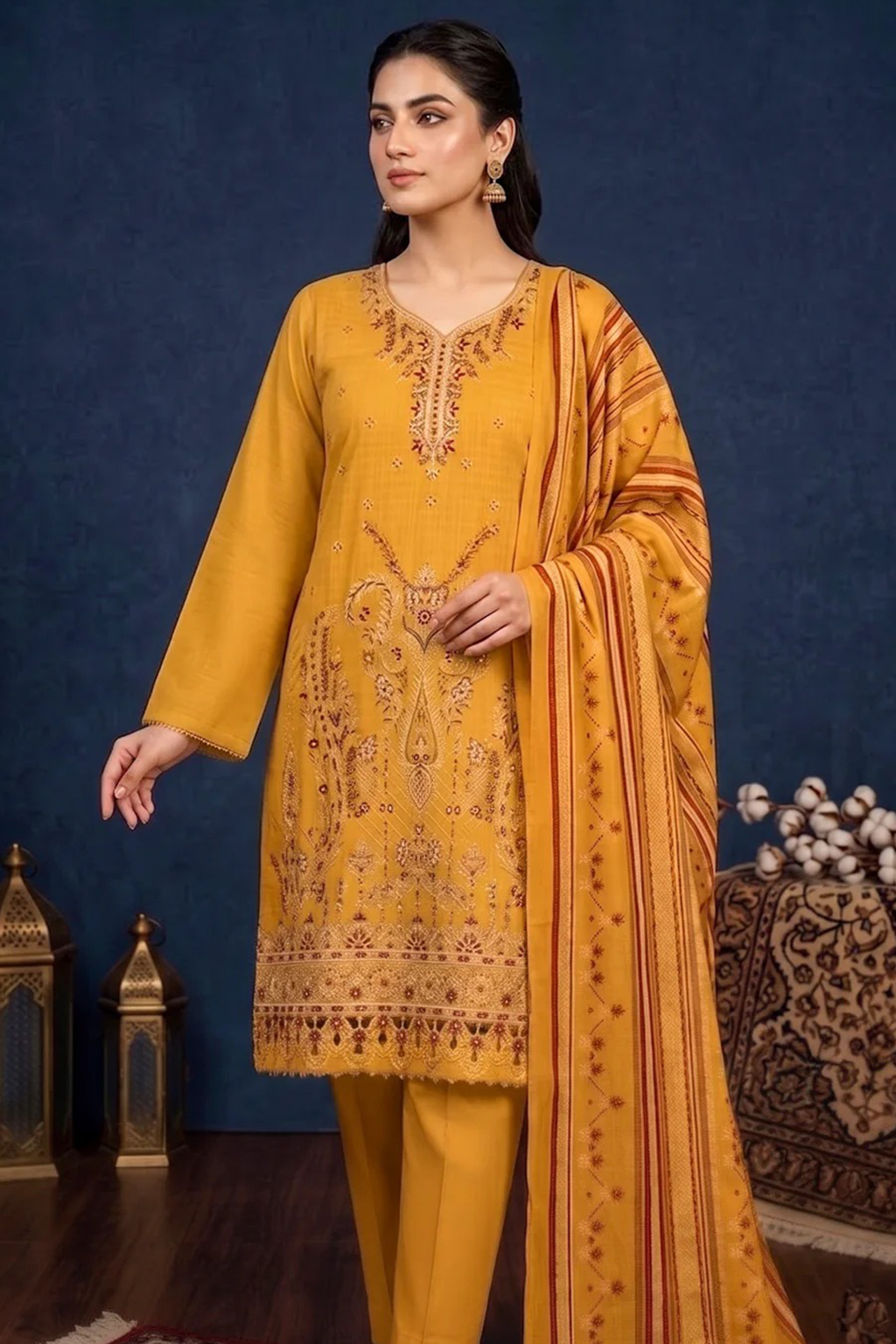 Deep Amber Yellow – Premium Unstitched Embroidered Lawn 3PC Dress with Chiffon Dupatta