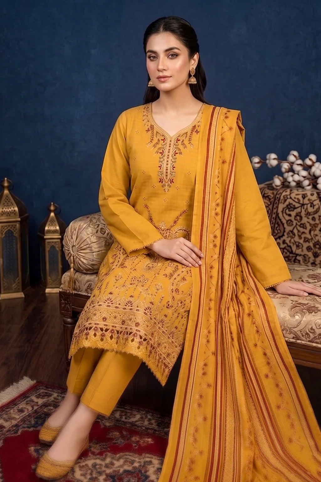 Deep Amber Yellow – Premium Unstitched Embroidered Lawn 3PC Dress with Chiffon Dupatta